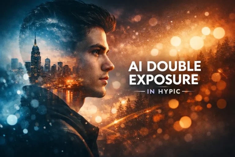 How to Create Stunning AI Double Exposure in Hypic: Step-by-Step Guide 2026 5 Cinematic AI double exposure photo of a young person blended with city skyline and abstract lights in Hypic app