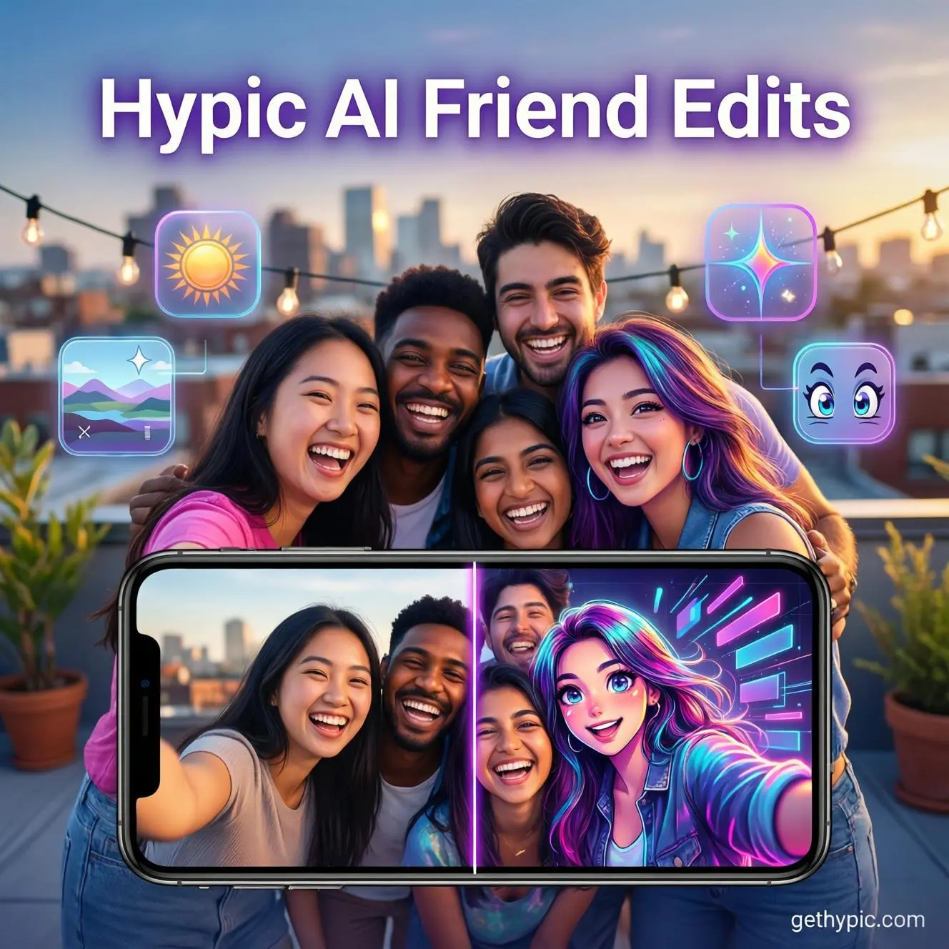 Top Fun Edits to Try With Friends Using Hypic AI (2026 Viral Photo Ideas) 1 Friends using Hypic AI for viral AI photo edits in 2026