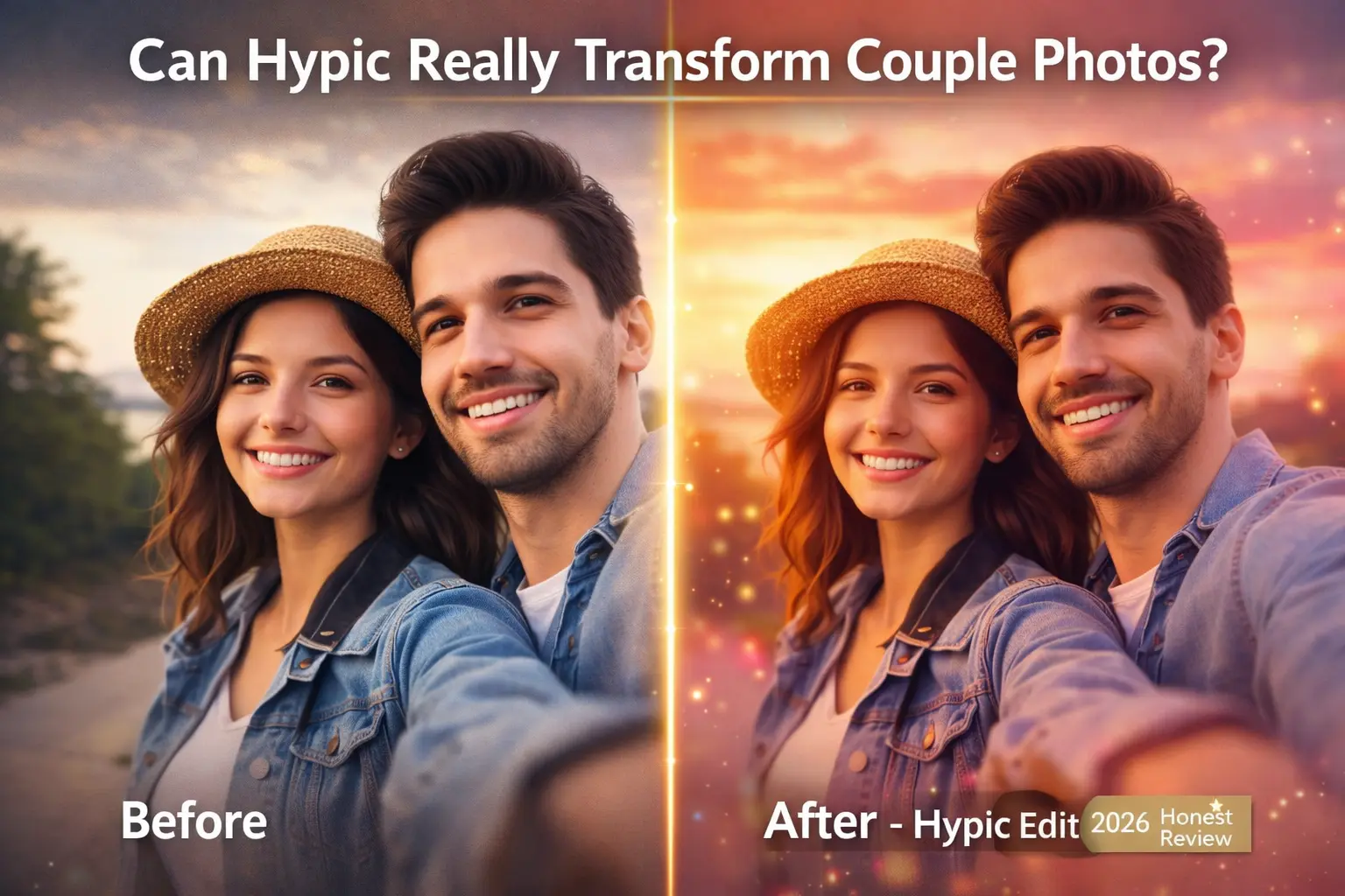 Before and after comparison of Hypic romantic AI filters for couples showing enhanced warm lighting and soft background blur
