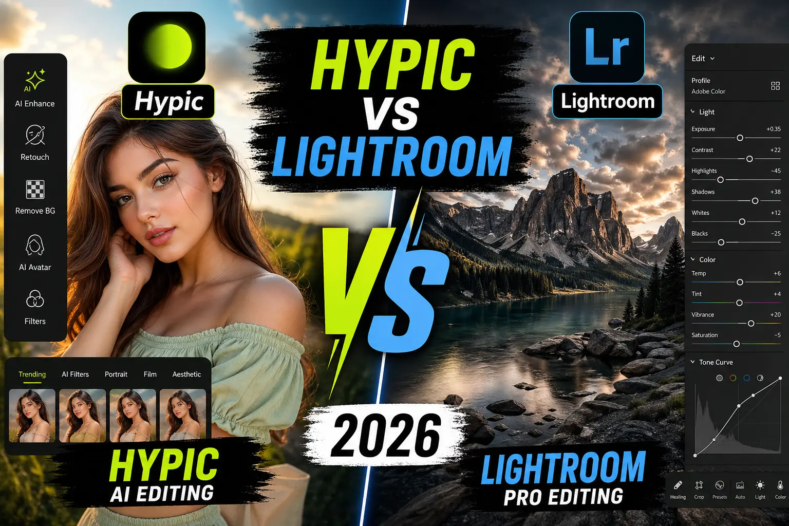 Hypic vs Lightroom (2026): Which Is Better for Beginners & Professionals? 1 Hypic vs Lightroom 2026 comparison showing AI editing vs professional photo editing