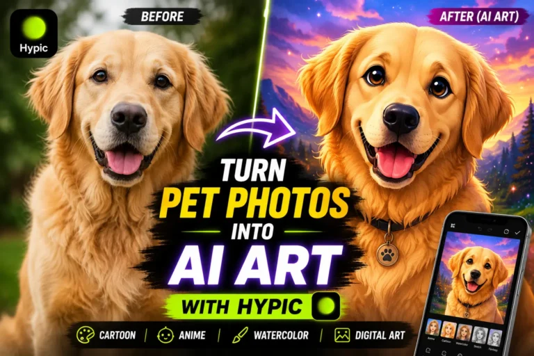 AI pet art transformation using Hypic showing before and after cartoon and anime style pet portrait