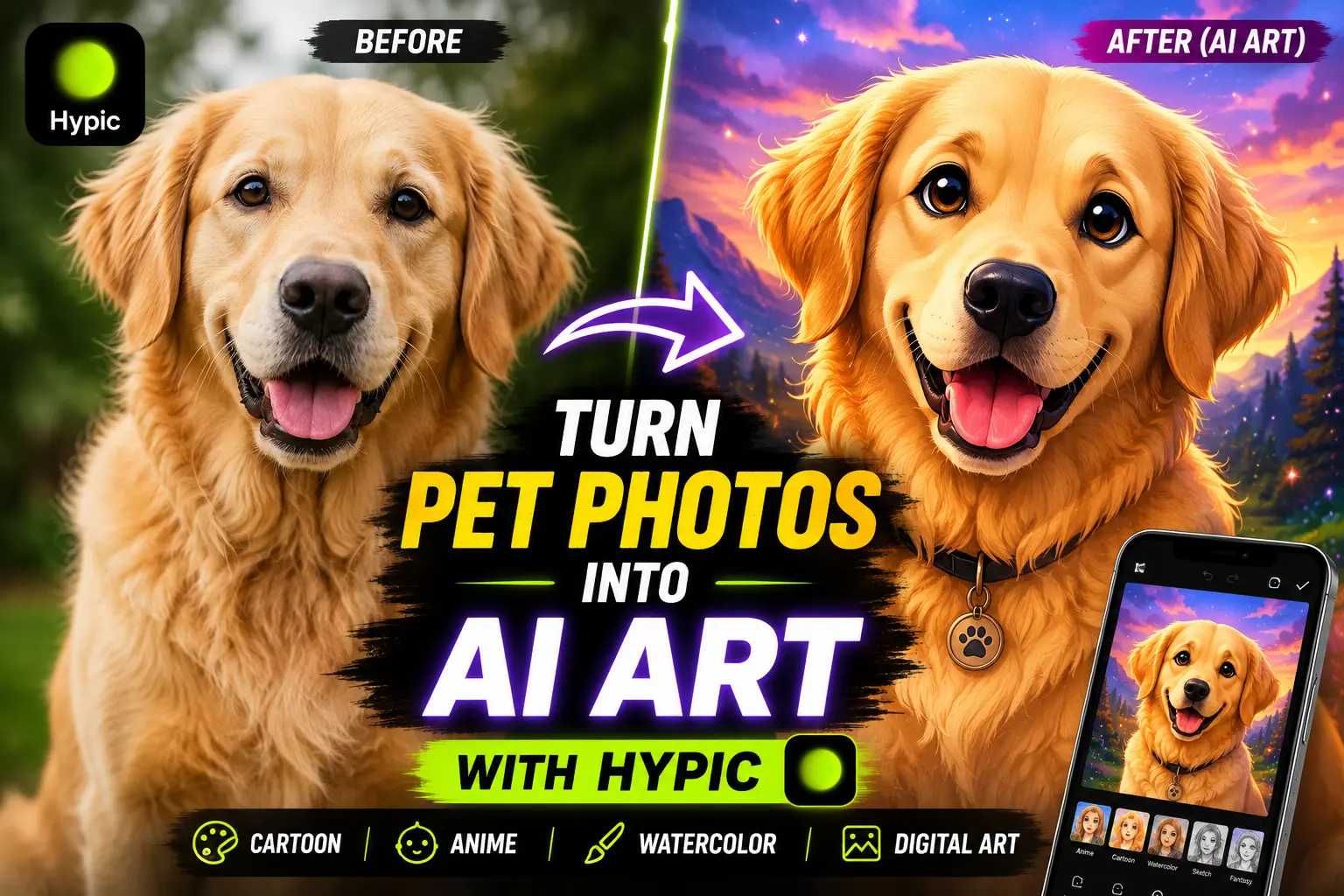 AI pet art transformation using Hypic showing before and after cartoon and anime style pet portrait