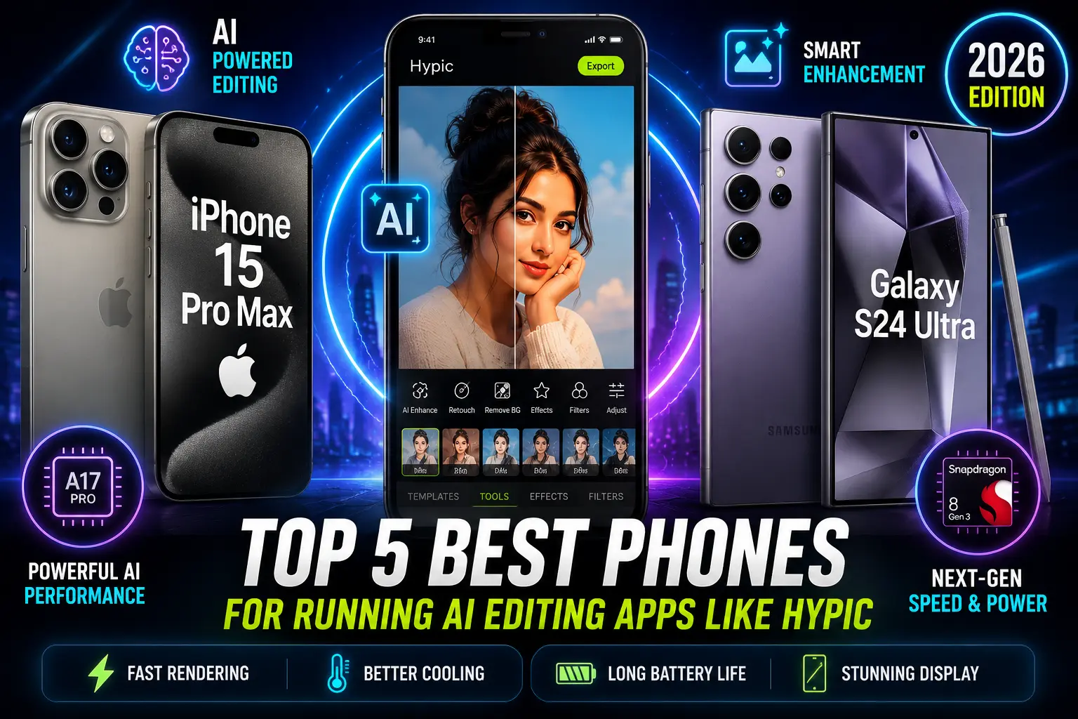 Top smartphones for running Hypic AI photo editing apps in 2026 including iPhone 15 Pro Max and Samsung Galaxy S24 Ultra