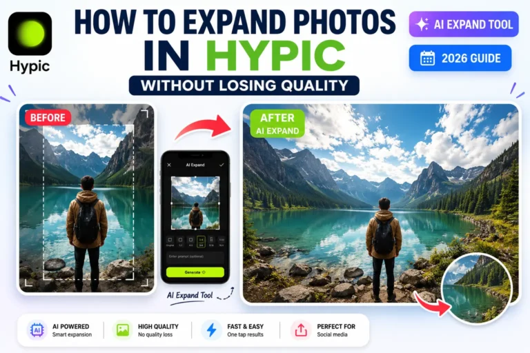 Before and after example showing how to expand photos in Hypic using the AI Expand tool without losing image quality