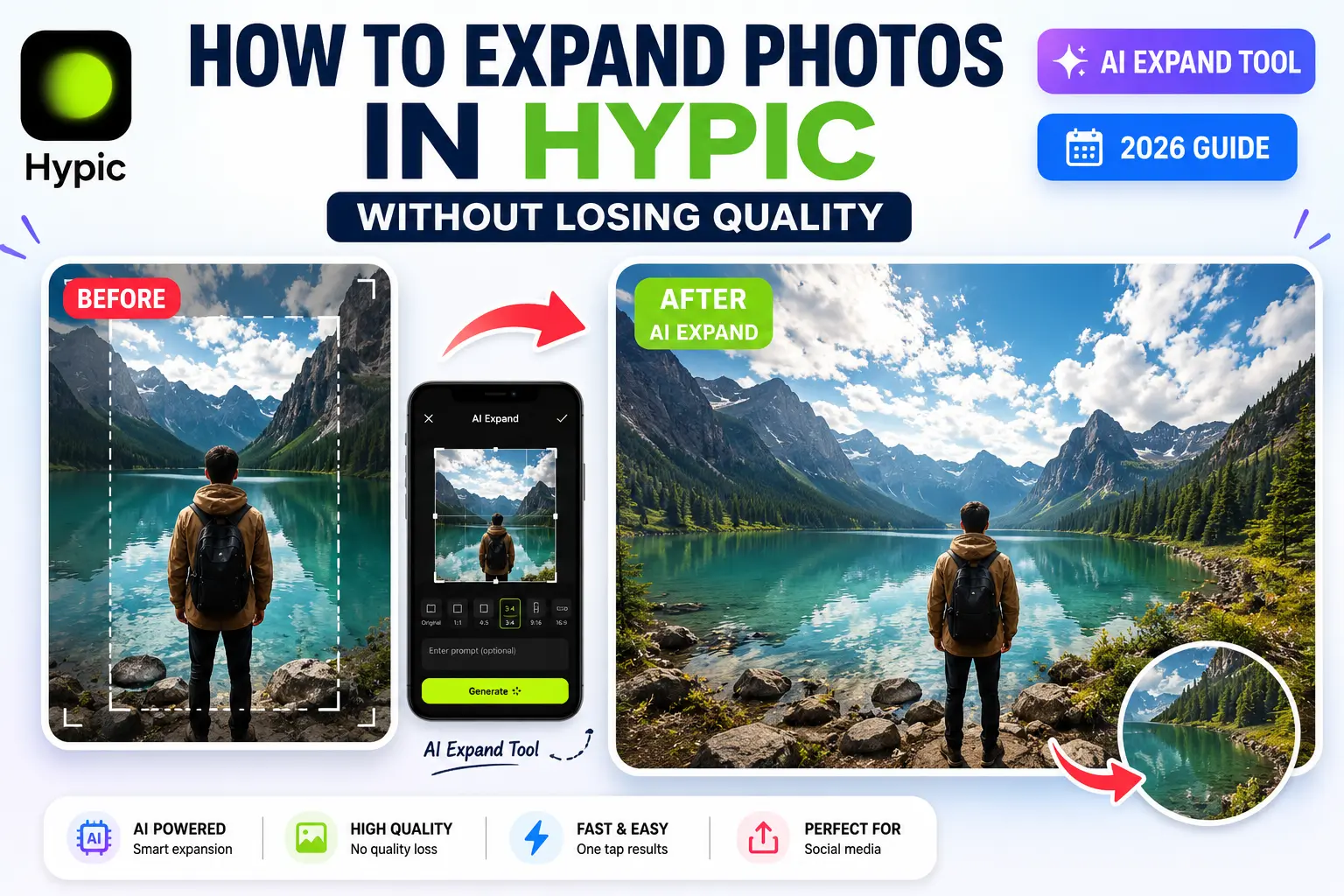 Before and after example showing how to expand photos in Hypic using the AI Expand tool without losing image quality