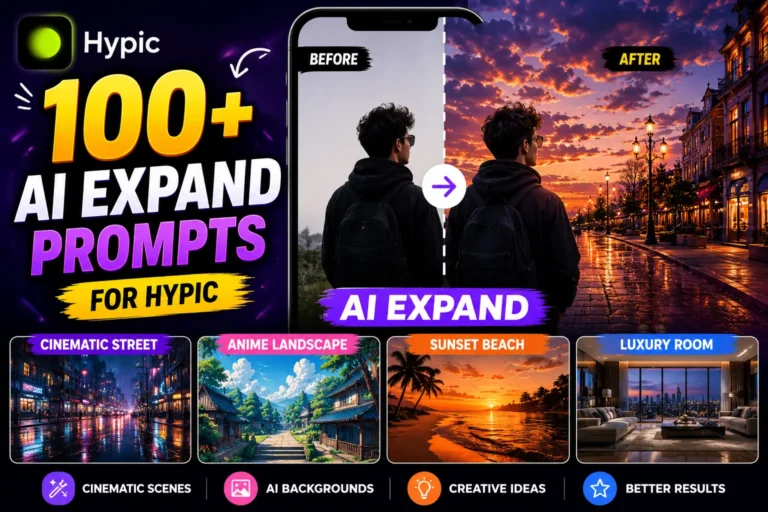 Hypic AI Expand prompts collection showing cinematic street, sunset beach and anime scenery ideas