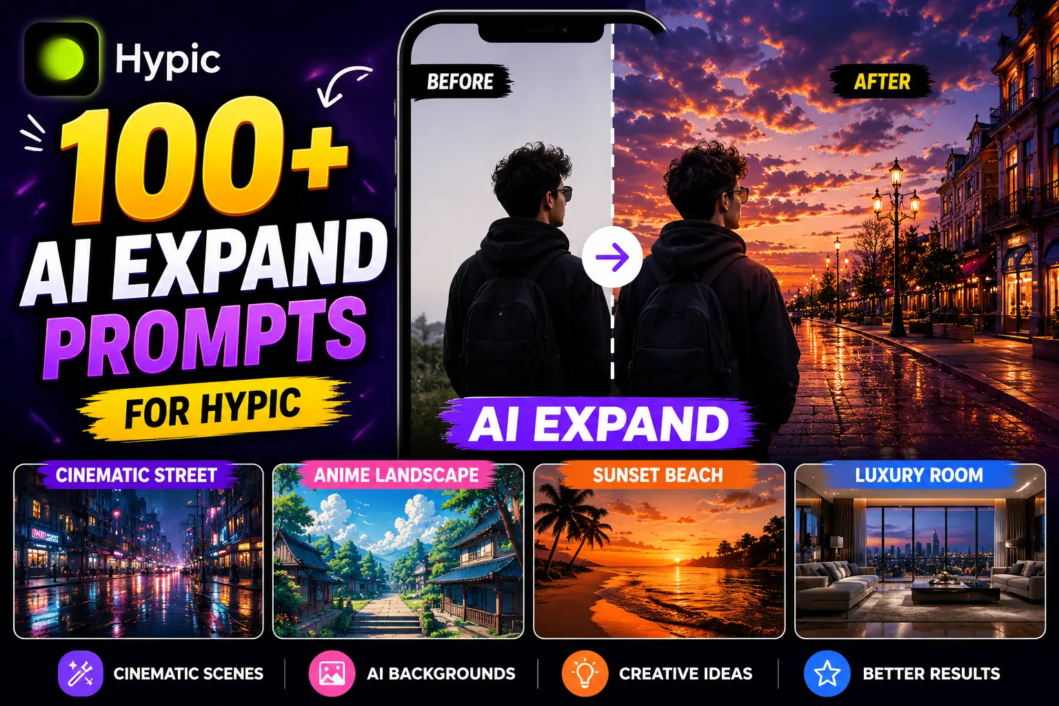 Hypic AI Expand prompts collection showing cinematic street, sunset beach and anime scenery ideas