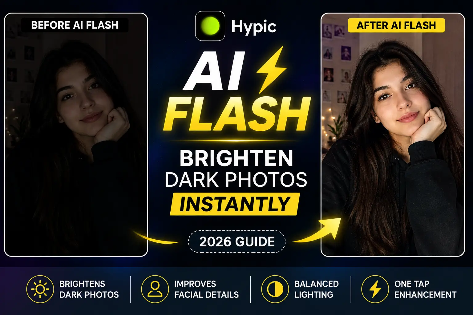 Before and after example showing how AI Flash in Hypic improves dark and low-light photos automatically