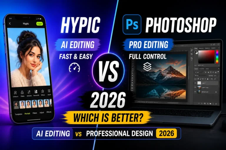 Hypic vs Photoshop (2026): Which Is Better for Beginners & Professionals? 2 Hypic vs Photoshop 2026 comparison showing AI editing vs professional photo editing tools