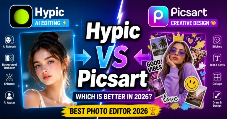 Hypic vs Picsart (2026): Which Photo Editor Is Better? 6 Hypic vs Picsart 2026 comparison showing AI photo editing vs creative design features