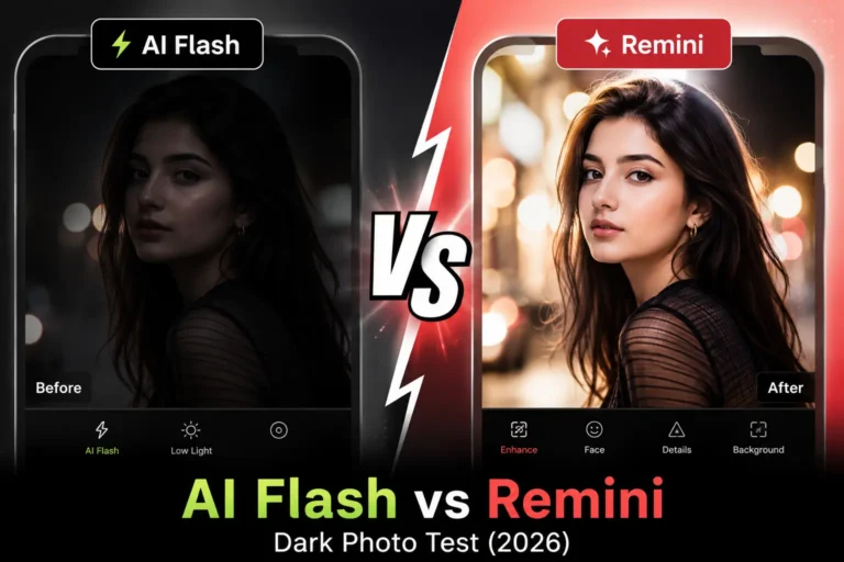 AI Flash vs Remini comparison showing dark photo before and after enhancement results in 2026