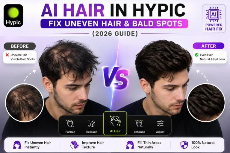 AI Hair in Hypic before and after comparison showing how to fix uneven hair and improve thin hair areas in photos