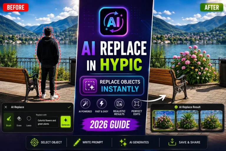 AI Replace in Hypic: Replace Objects in Photos Instantly (2026 Guide) 4 AI Replace in Hypic before and after comparison showing object replacement and AI-generated photo editing results