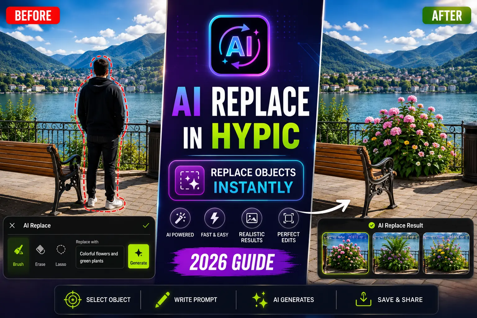 AI Replace in Hypic before and after comparison showing object replacement and AI-generated photo editing results