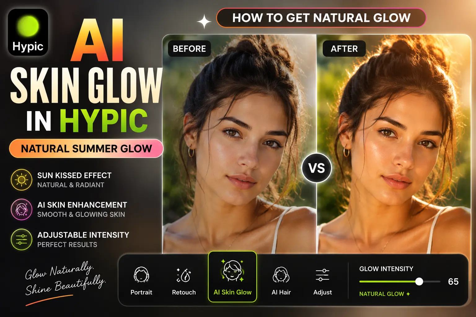 AI Skin Glow in Hypic: How to Get a Natural Summer Glow (2026 Guide) 1 AI Skin Glow in Hypic before and after comparison showing a natural summer glow and sun-kissed skin effect
