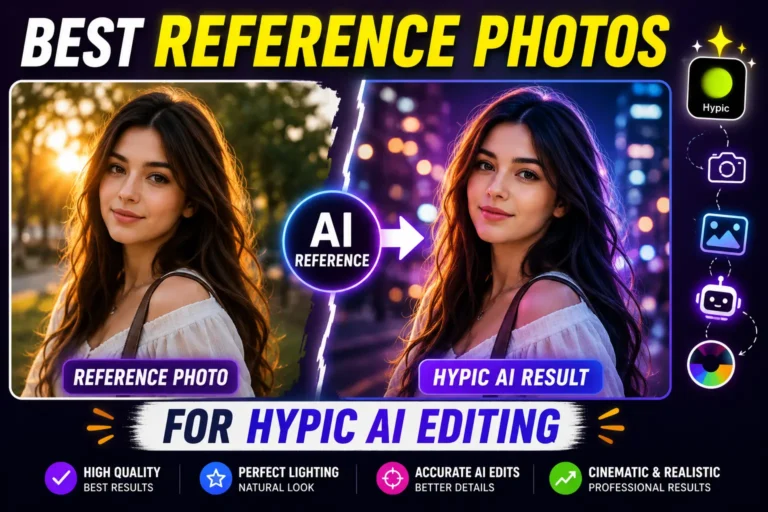 Best Reference Photos for Hypic AI Editing (2026 Guide) 4 Best reference photos for Hypic AI editing showing portrait, golden hour, cinematic, anime, and Canon G7X style examples