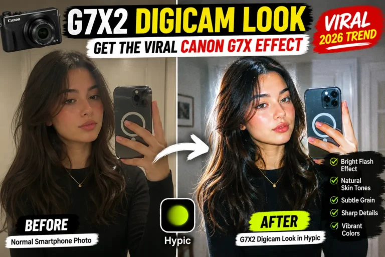 G7X2 Digicam Look in Hypic before and after comparison showing the viral Canon G7X camera effect