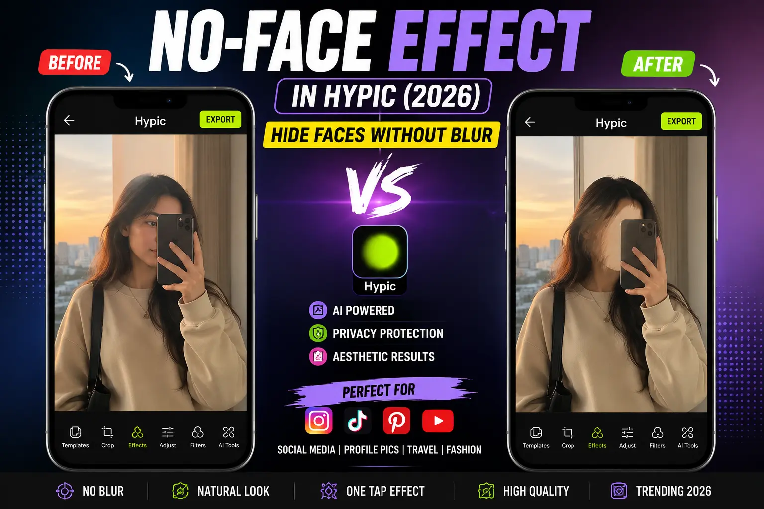 No-Face Effect in Hypic before and after comparison showing how to hide faces without blur for faceless aesthetic photos