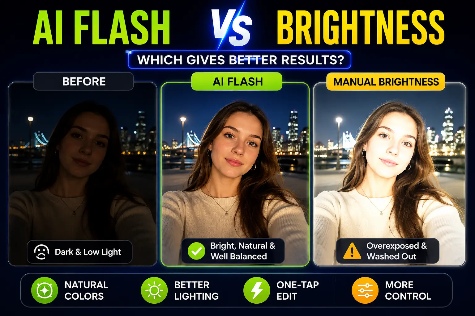 AI Flash vs Manual Brightness Adjustment: Which Is Better for Photo Editing? (2026 Comparison) 1 AI Flash vs Manual Brightness comparison in Hypic showing before and after photo editing results with improved lighting, preserved details, and natural colors.