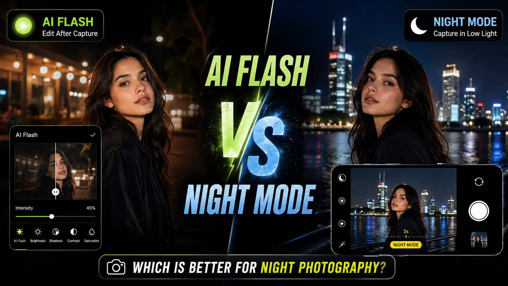 AI Flash vs iPhone Night Mode for night photography comparison